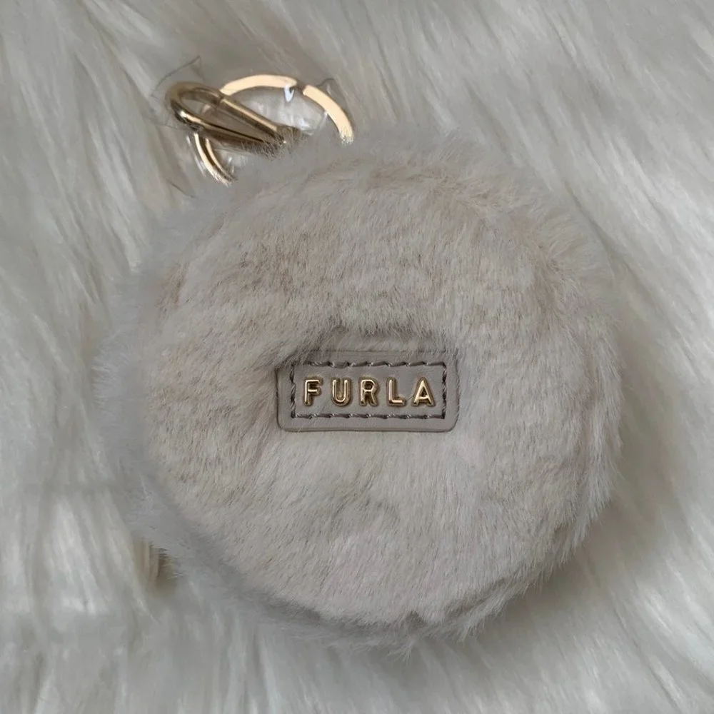 FURLA Faux Fur and Leather Round Logo Coin Purse Key Ring in Ivory - Picture 2 of 5